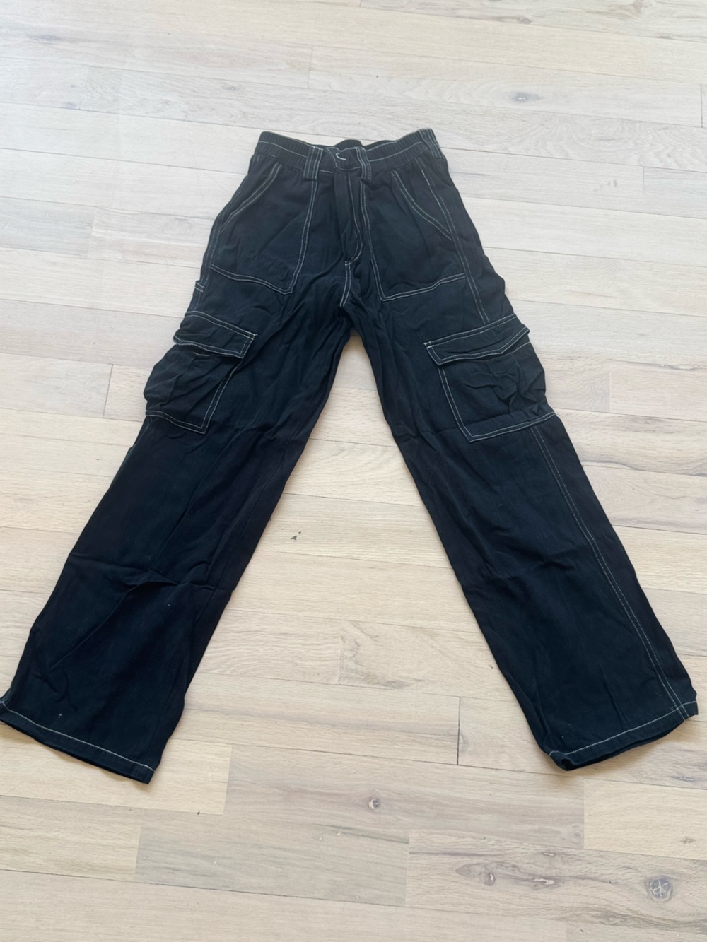 bohme Black Cargo Wide-Leg Pants with Contrast Stitching